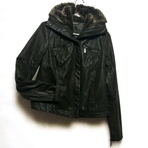 Women's Black Faux Leather Jacket with Fur Trim